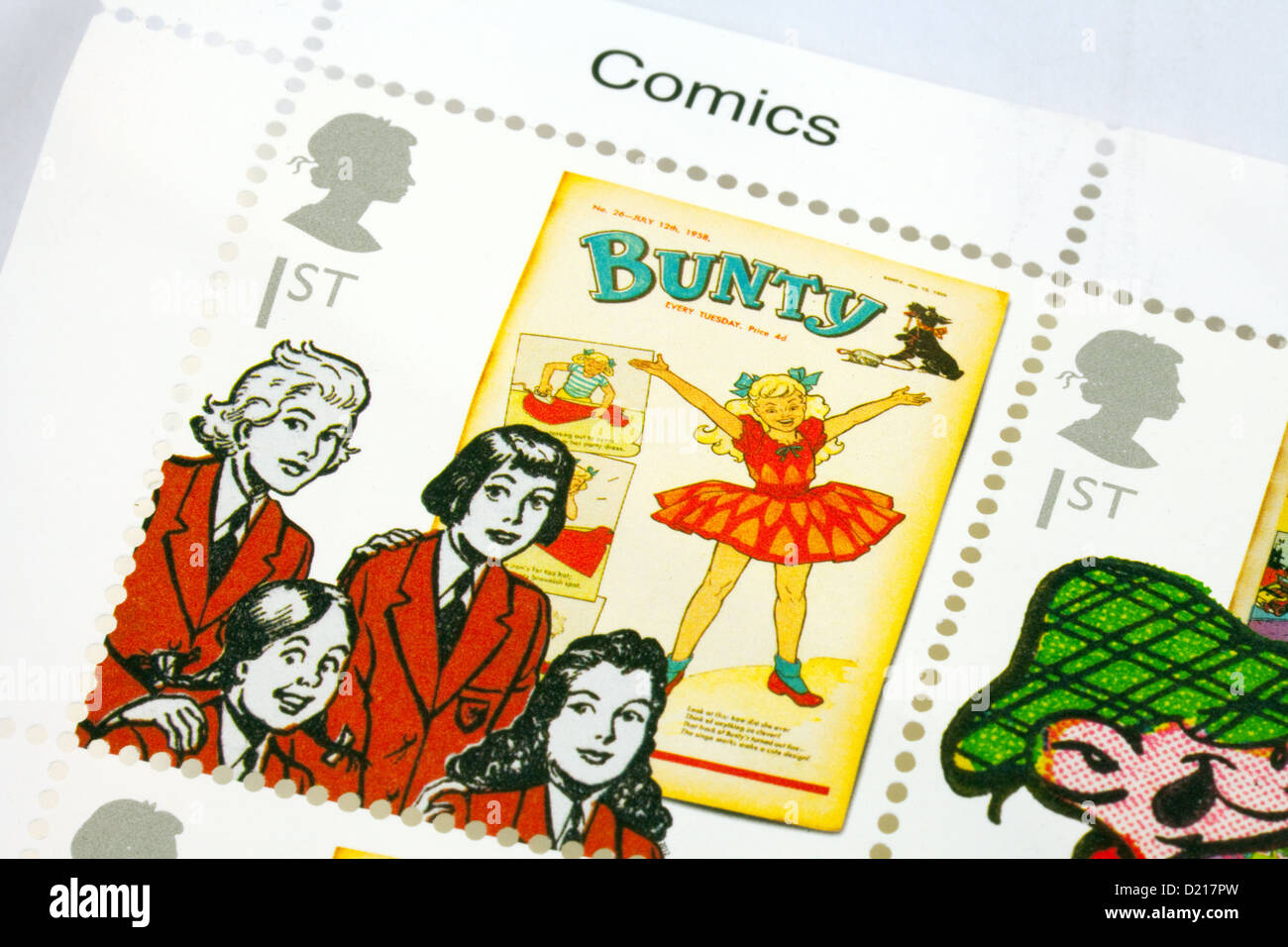 Timbro del Regno Unito che mostra commemorativa old british 'Bunty' comico, Inghilterra Foto Stock