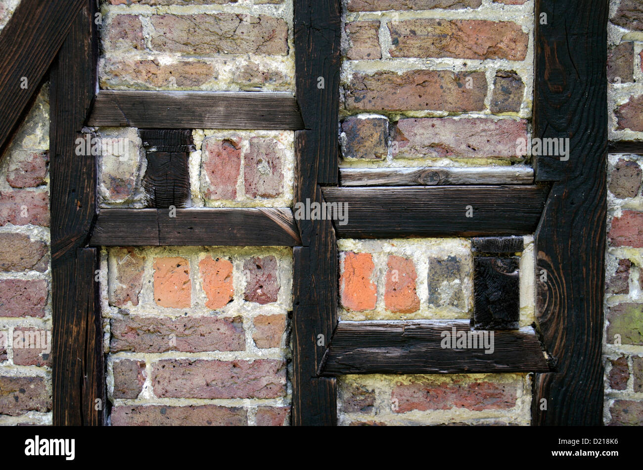 Dettaglio mostrante un mezzo in legno edificio (effettivamente Queen Charlotte's Cottage in Royal Botanic Gardens, Kew, Surrey, Inghilterra). Foto Stock