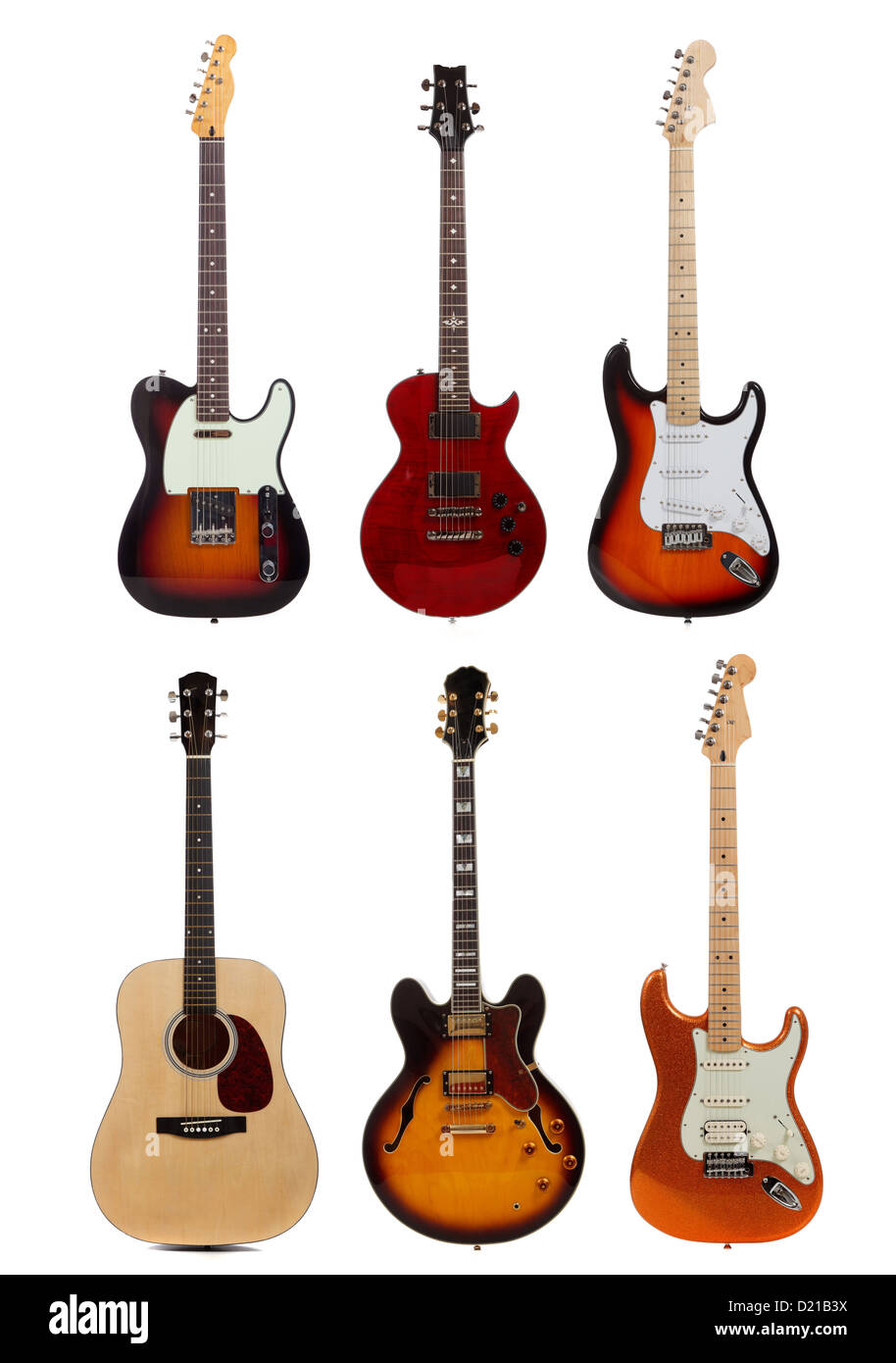 Un gruppo di sei chitarre assortite su sfondo bianco Foto Stock