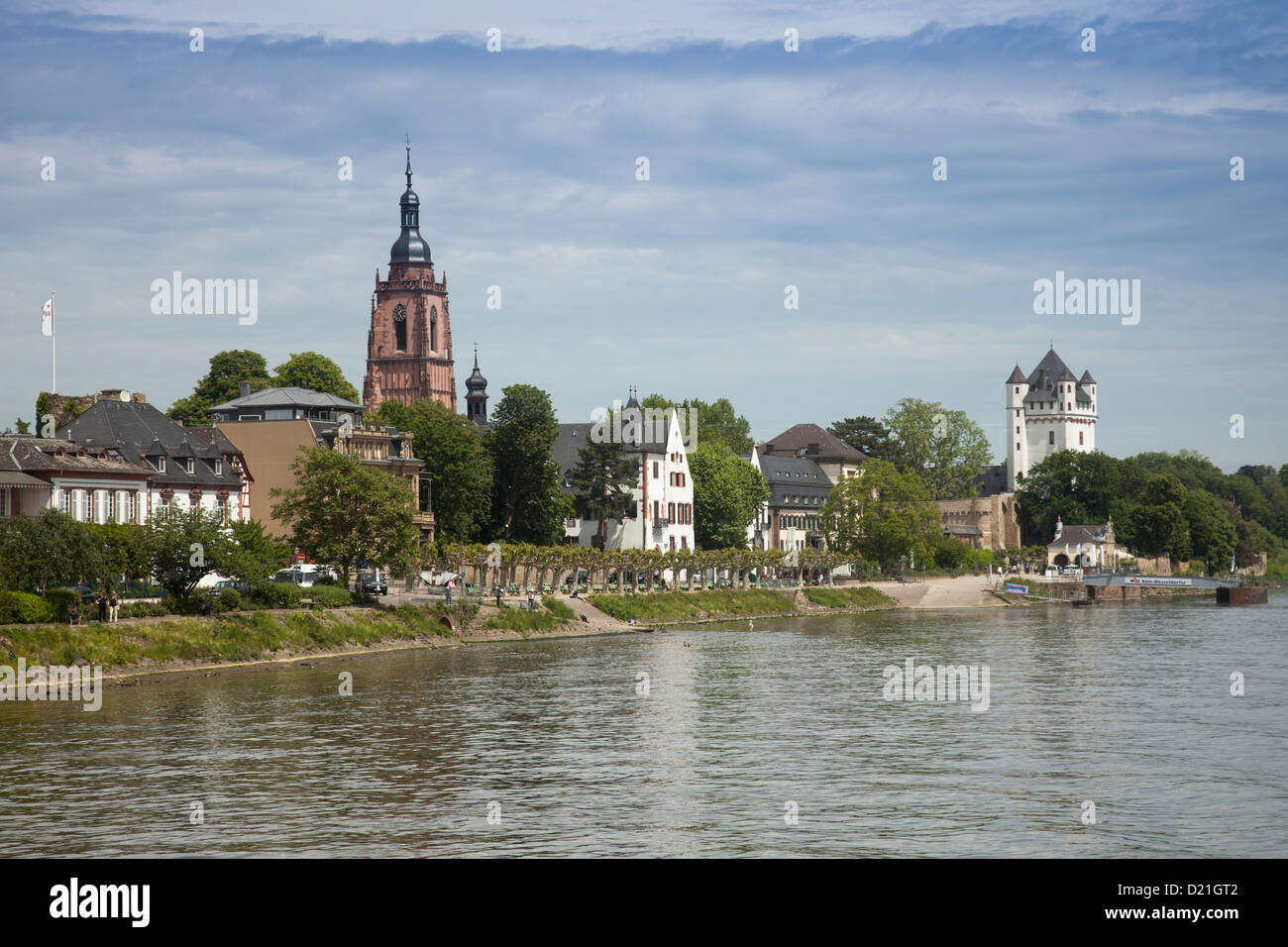 Vista del fiume Reno e la città di Eltville am Rhein, Hesse, Germania, Europa Foto Stock
