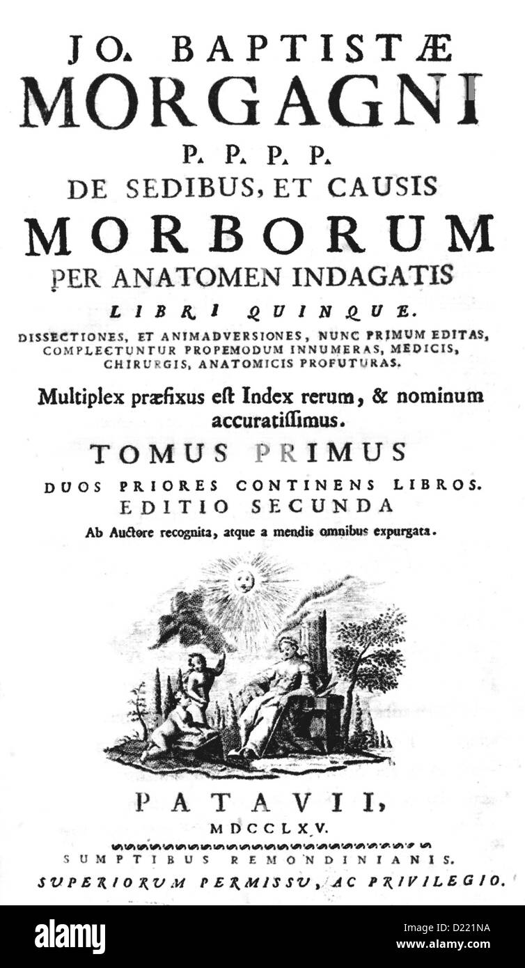 DE SEDIBUS frontespizio del 1761 libro sull'anatomia da Giovanni Battista Morgagni Foto Stock