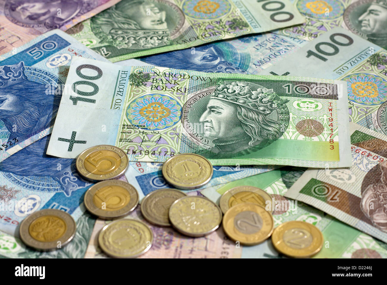 Il polacco denaro monete e banconote sfondo Foto Stock