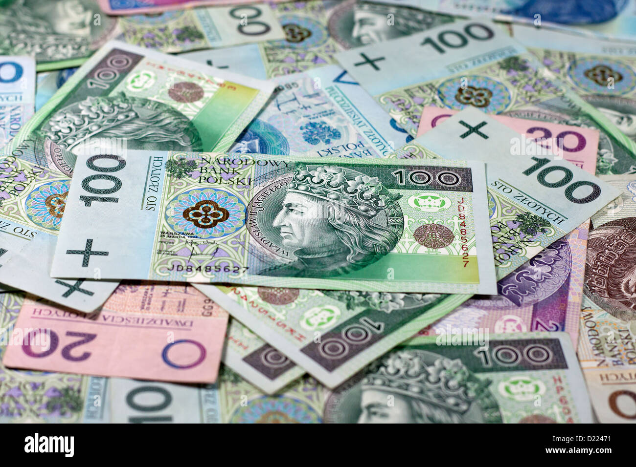 Il polacco denaro monete e banconote sfondo Foto Stock