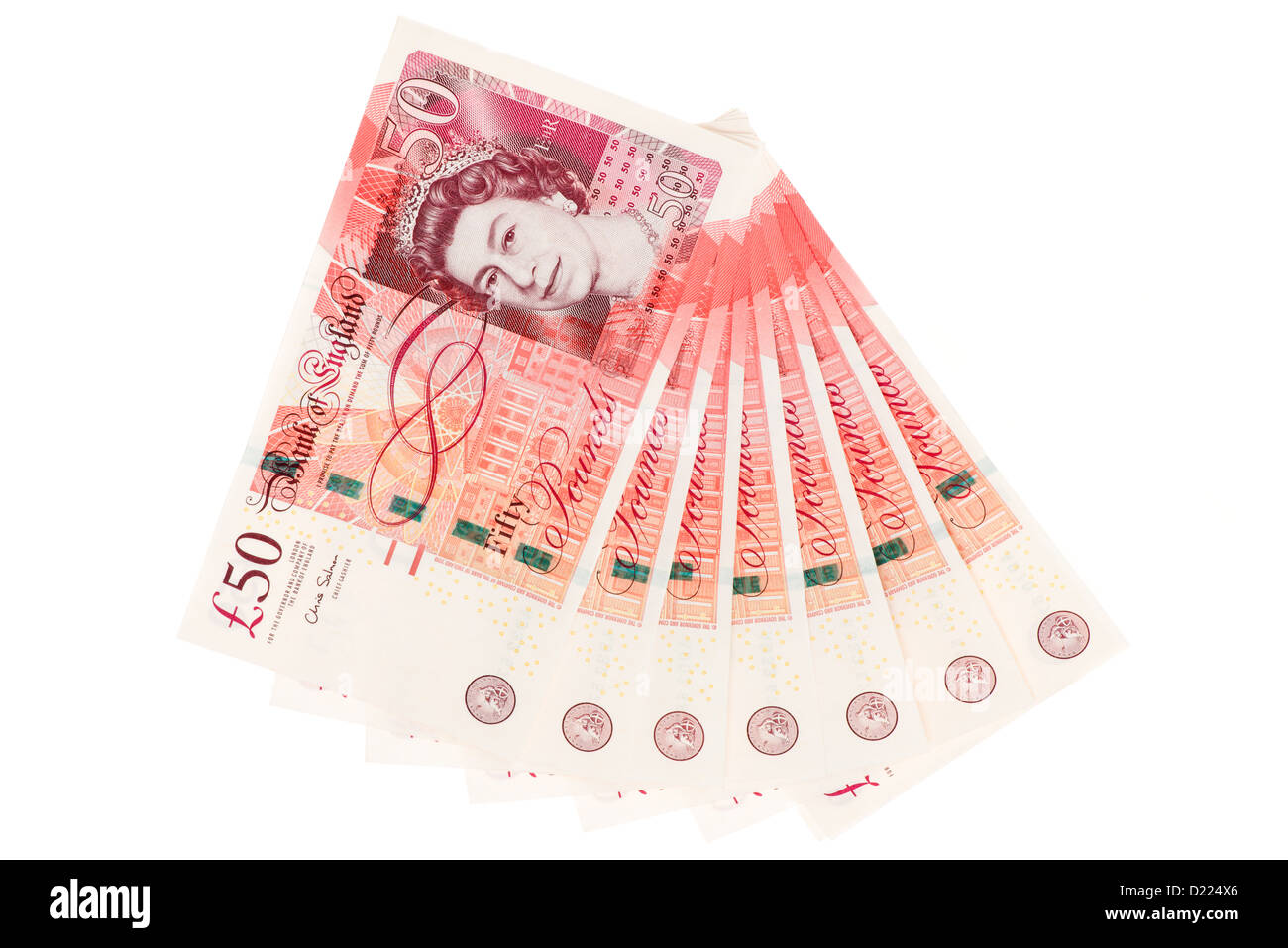 London, Regno Unito - 16 Maggio 2012: una borra di valuta britannica cinquanta pound delle banconote in euro che sono stati aperti a ventaglio per effetto. Foto Stock