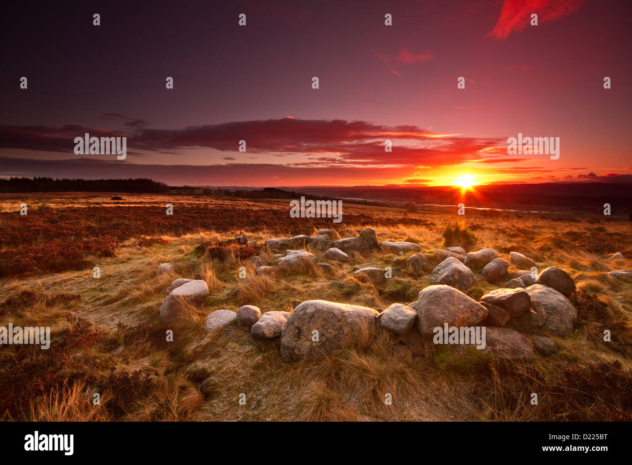 Nuovo anno sunrise 2013 a Loch Mealbrodden Stone Circle, Perthshire Scozia. Foto Stock