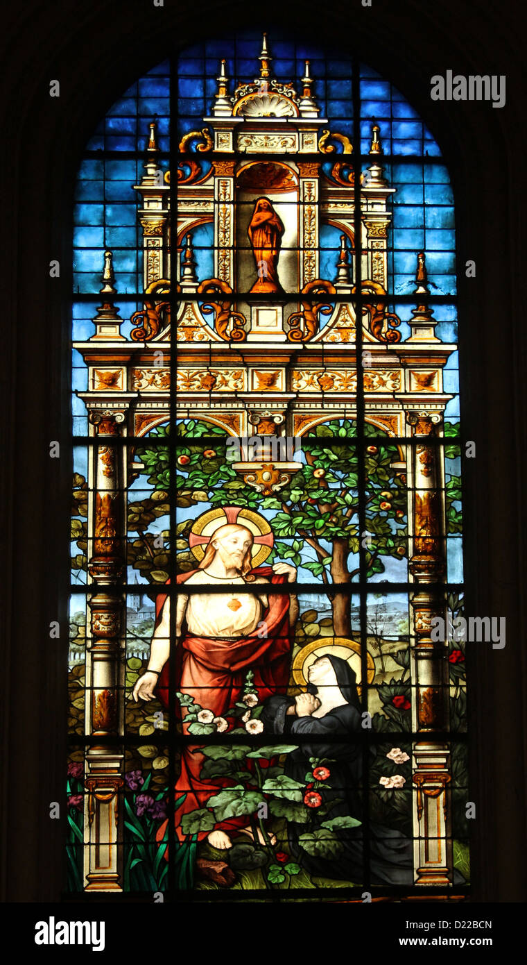 Sacro Cuore di Gesù e Marguerite Marie Alacoque, vetrate, Chiesa di St. Gervais e San Protais, Parigi Foto Stock