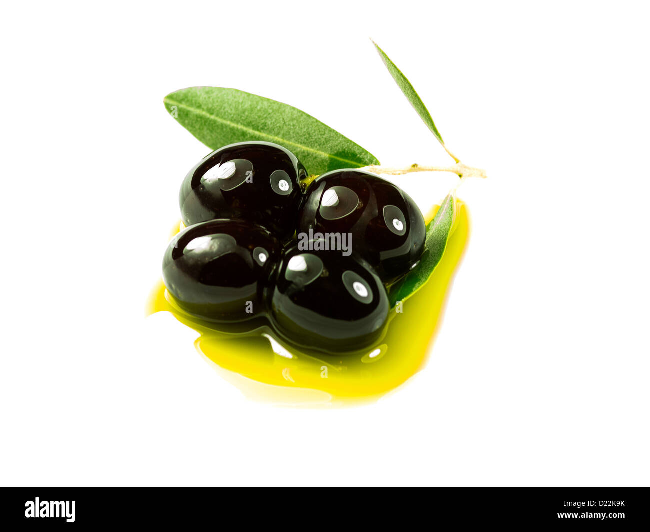 Un ramo di olivo con tre olive premium su olio di oliva su uno sfondo bianco. Foto Stock