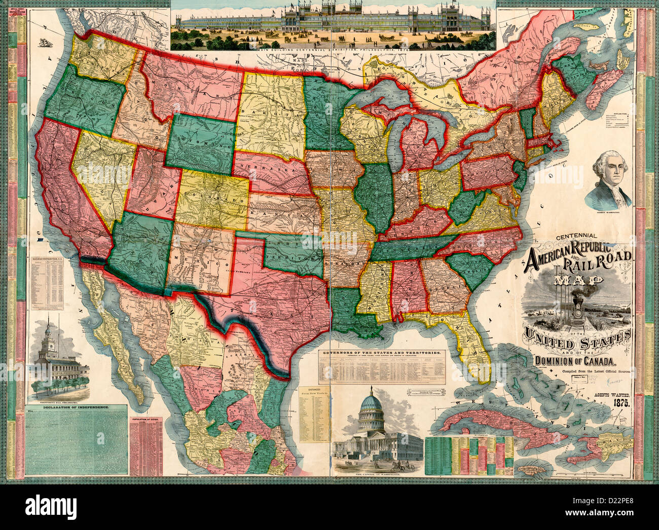 Centennial repubblica americana e la ferrovia mappa degli Stati Uniti e del dominio del Canada. 1876 Foto Stock