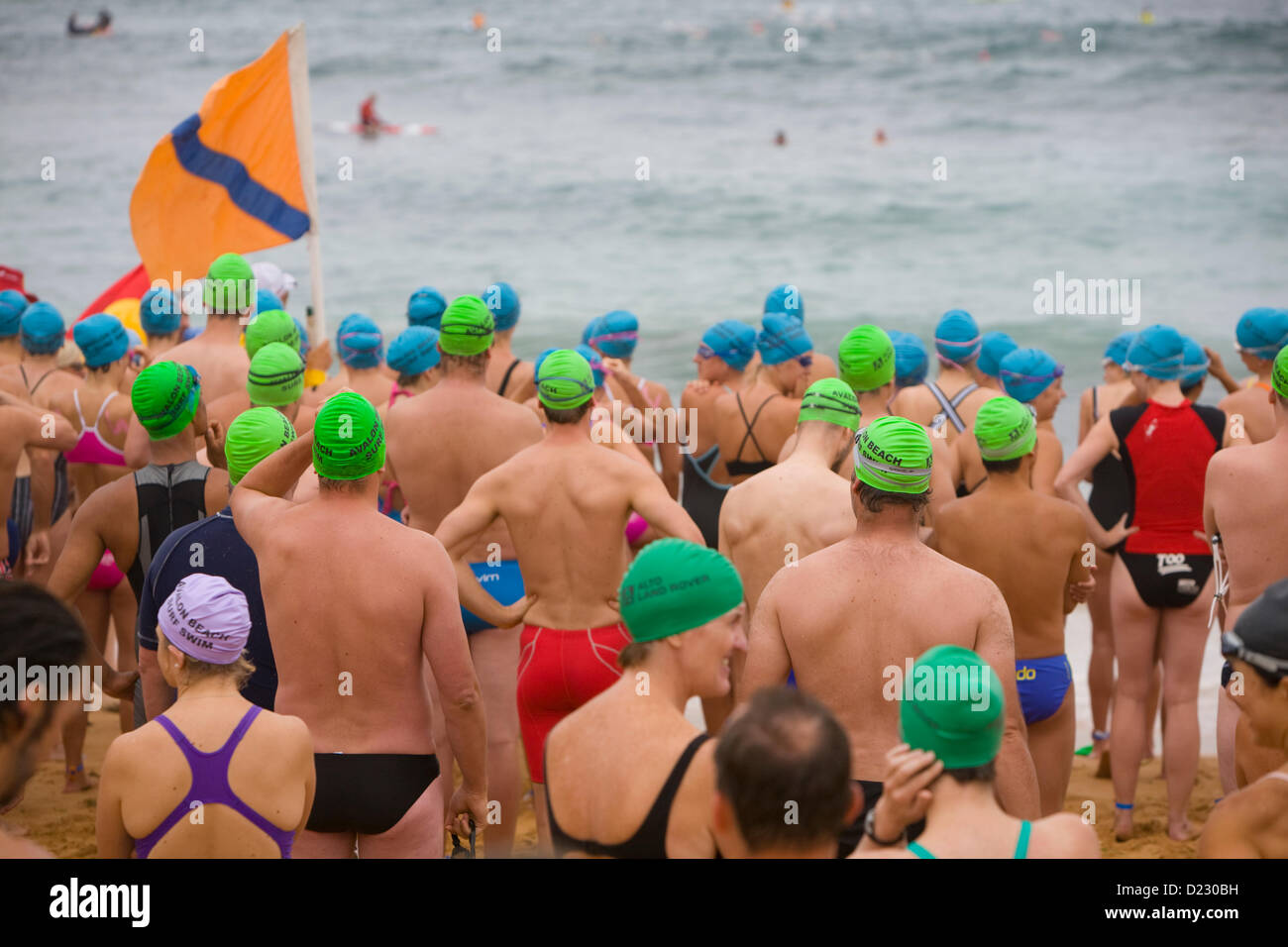Sydney, Australia. 13th Jan, 2013. L'Avalon Beach 1,5km Ocean Swim Race, parte della serie di eventi pittwater Ocean Swim, Avalon Beach, Sydney, NSW, Australia concorrenti sulla riva attendono l'inizio della loro gara di nuoto caldo Foto Stock