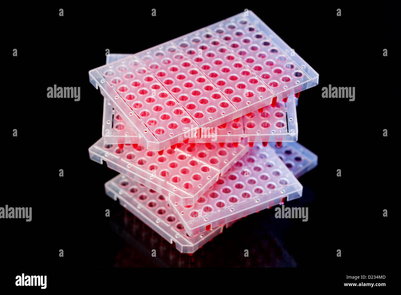 Piastre a 96 pozzetti sulla tabella lab con red campioni liquidi Foto Stock