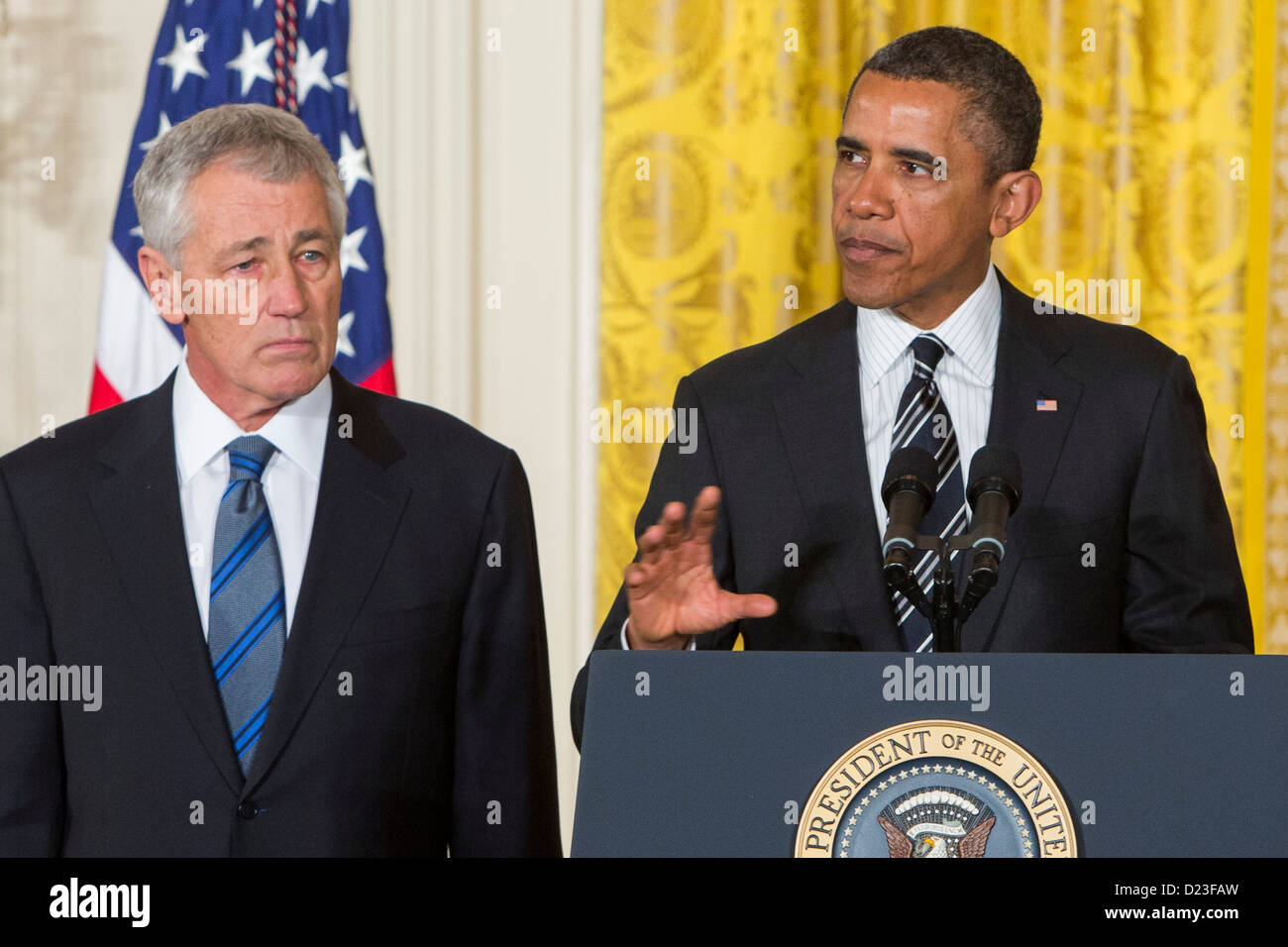 Il presidente Barack Obama nomina Chuck Hagel o Segretario della Difesa. Foto Stock