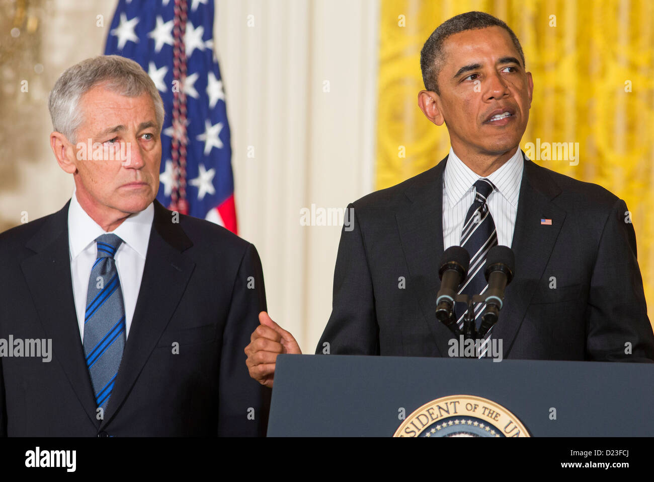 Il presidente Barack Obama nomina Chuck Hagel o Segretario della Difesa. Foto Stock