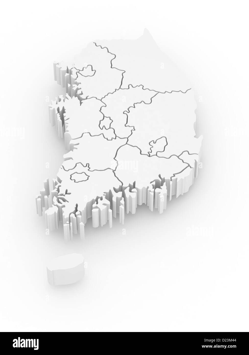 Mappa tridimensionale della Corea del Sud in bianco sullo sfondo isolato. 3d Foto Stock
