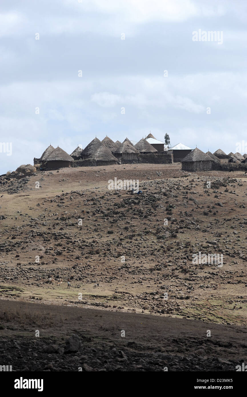 Mangudo, Etiopia, capanne e i campi nelle highlands Foto Stock