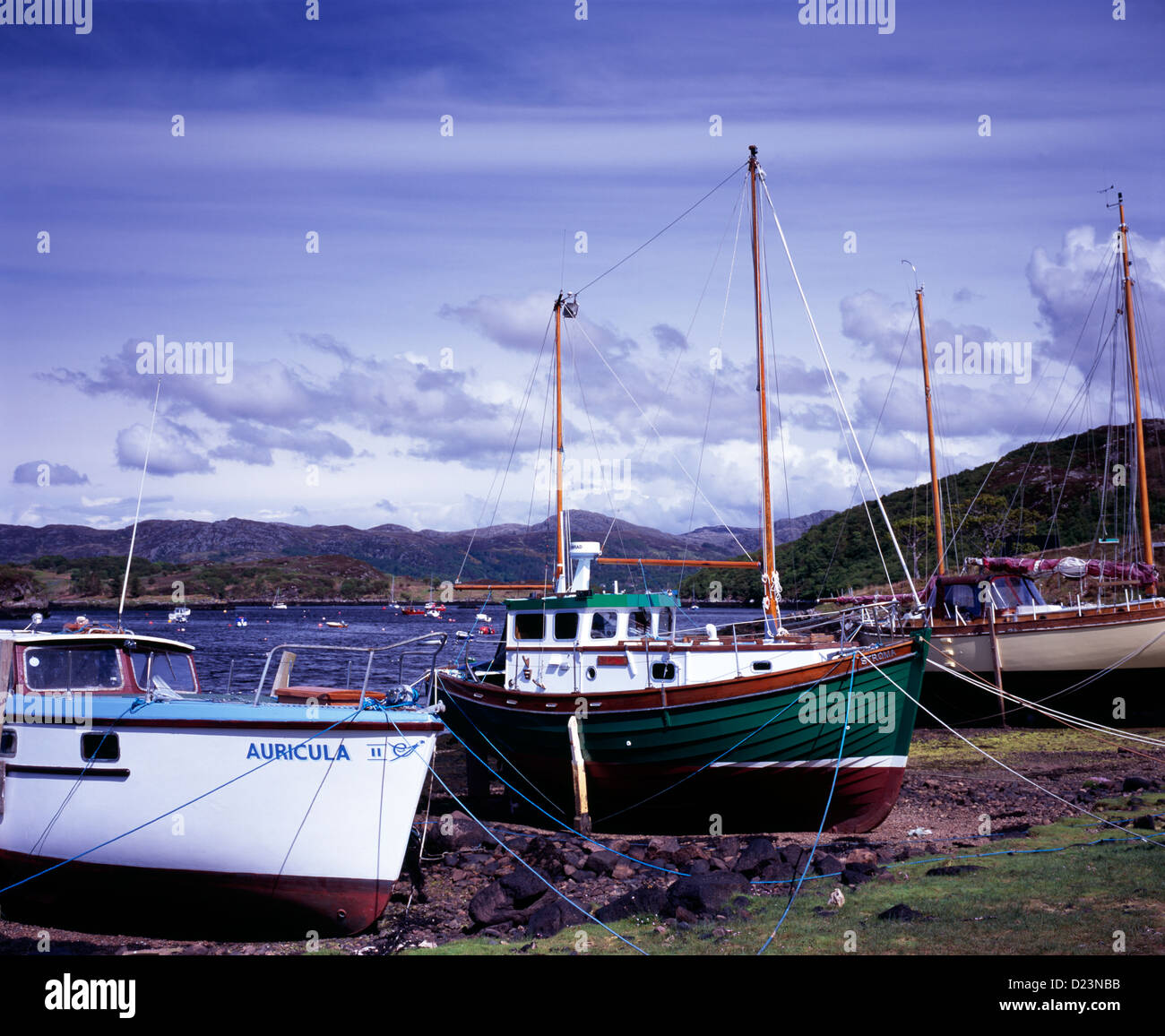 Barche da pesca a bassa marea a Badachro, vicino a Gairloch in Wester Ross, West Highlands della Scozia, Regno Unito. Foto Stock
