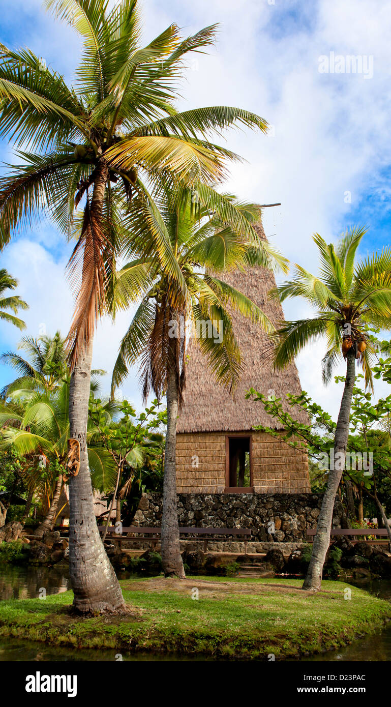 Un tradizionale rifugio hawaiano e palme nel Centro Culturale Polinesiano Oahu Hawaii Foto Stock