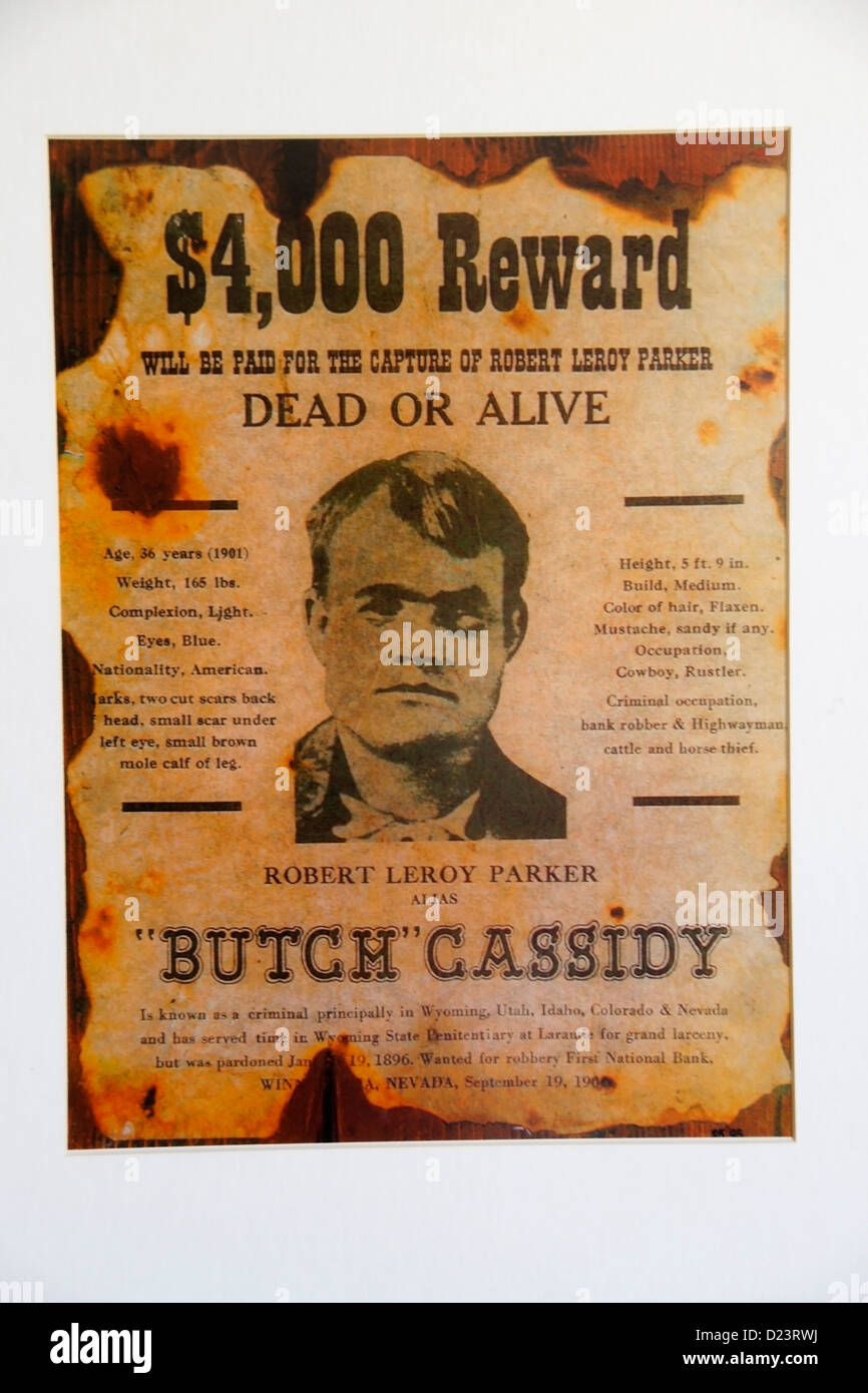 Ricercato poster per Butch Cassidy, la Leona roadhouse, Patagonia, Argentina Foto Stock