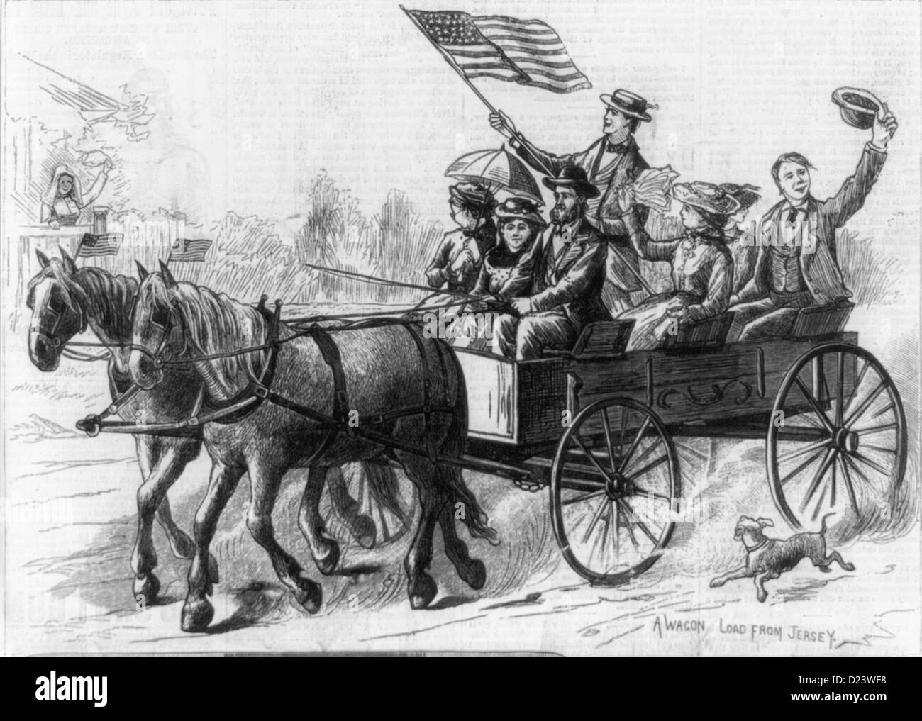 Un carro carico dal Jersey - il viaggio a Philadelphia Centennial Exhibition; battenti bandiera degli Stati Uniti, 1876 Foto Stock