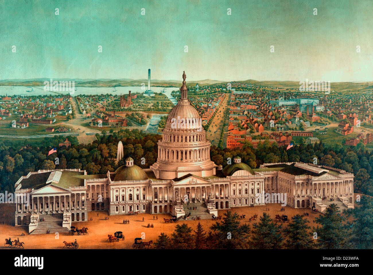 Gli uccelli vista di Washington D.C., CON GLI STATI UNITI Capitol in primo piano e il Monumento a Washington in background, circa 1870 Foto Stock