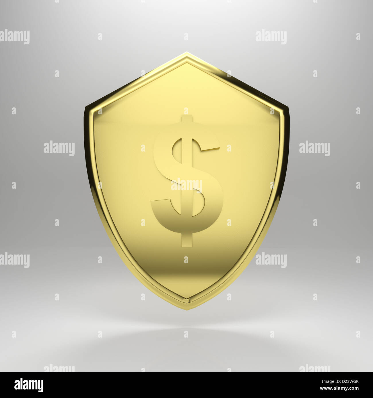 3D render illustrazione di un dollaro in oro scudo. Foto Stock