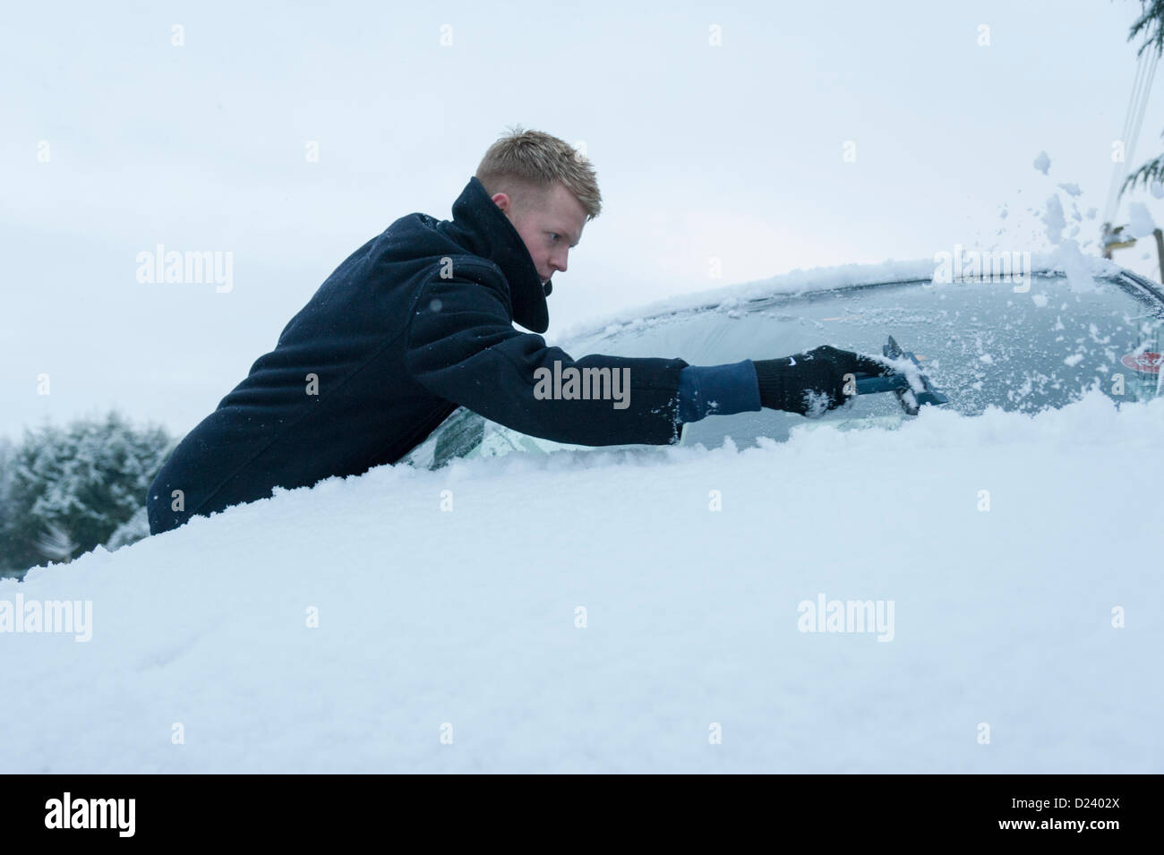 Cambridge, Regno Unito. 14 gennaio 2013. Joe Gilson raschia la neve per tutta la notte dalla sua auto all'inizio del suo tragitto al lavoro a Cambridge Regno Unito 14 gennaio 2013. Il primo significativo neve dell'inverno cadde la notte scorsa su East Anglia e gran parte del Regno Unito. Più pesante è la neve previsioni dal mezzo di oggi che è suscettibile di causare interruzioni di viaggio per molte persone Credito: Julian Eales / Alamy Live News Foto Stock
