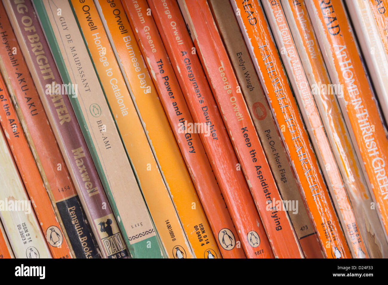 Un ripiano di libri in brossura pubblicato da pinguino, molti di noti autori: Evelyn Waugh, George Orwell, Graham Greene, etc Foto Stock