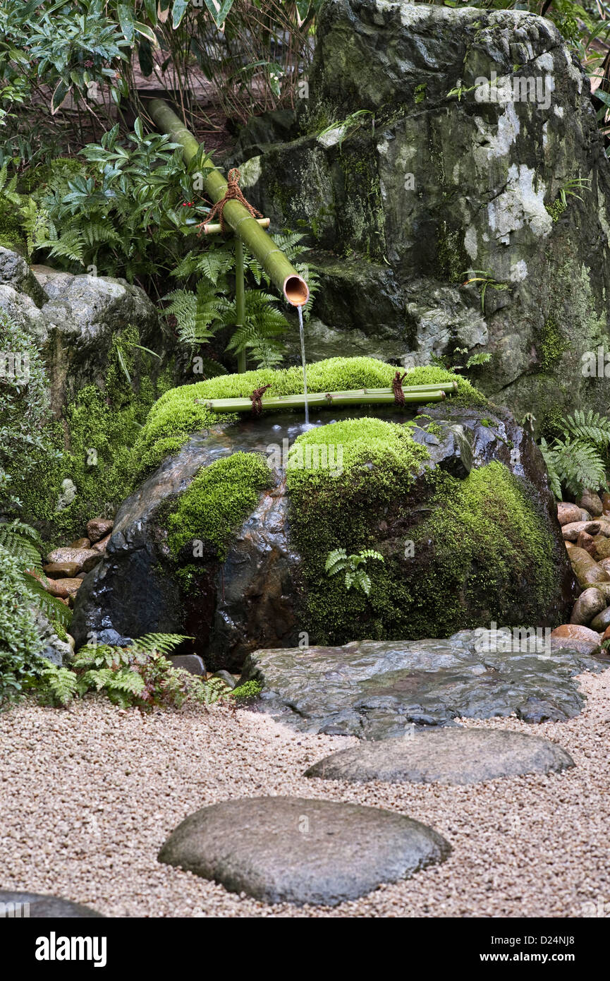 Un tsukubai in pietra ricoperta di muschio o bacino d'acqua per il lavaggio rituale, nei giardini del 20c del Museo d'Arte Adachi, Matsue, Giappone Foto Stock