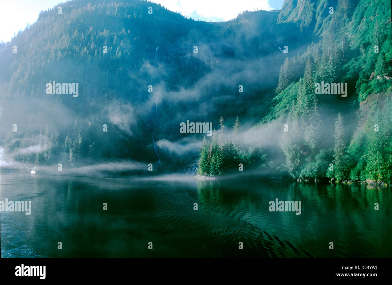 Fedele al suo nome, un early morning mist schermi Rudyerd Bay, Misty Fjords National Monument, Alaska Foto Stock