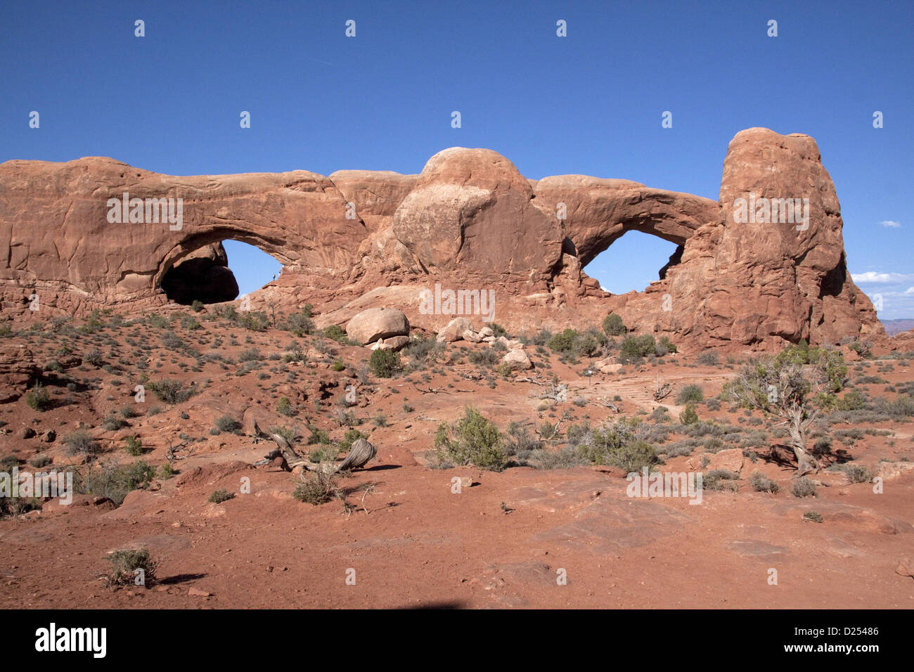 A nord e a sud di Windows Vista dalla torretta Arch - Parco Nazionale di Arches, Utah ,l'America Foto Stock