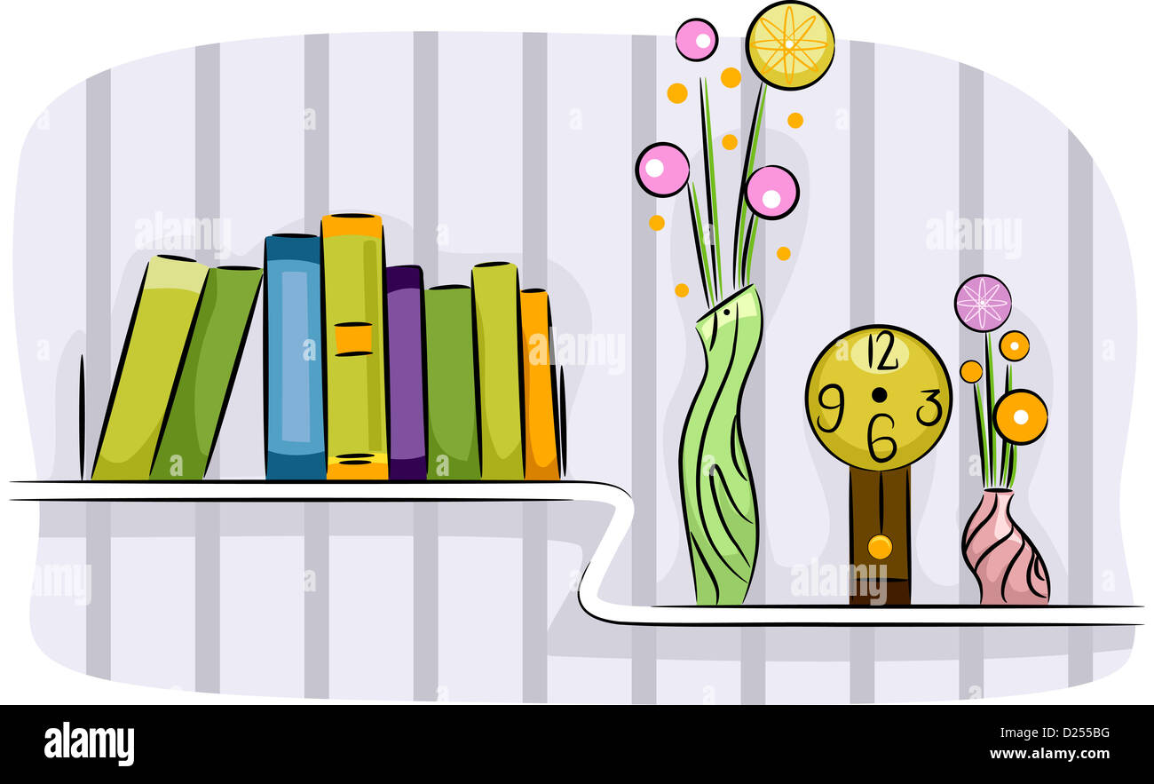 Illustrazione di un moderno soggiorno ripiano dove alcuni libri, vasi di fiori, e un orologio Foto Stock