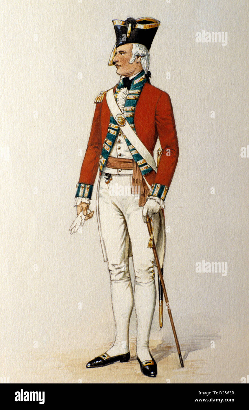 Militare Britannica, stampa Redcoat, Green Howards Museum, ufficiale 1792, XVIII secolo soldati soldato uniformi uniforme, Richmond Foto Stock