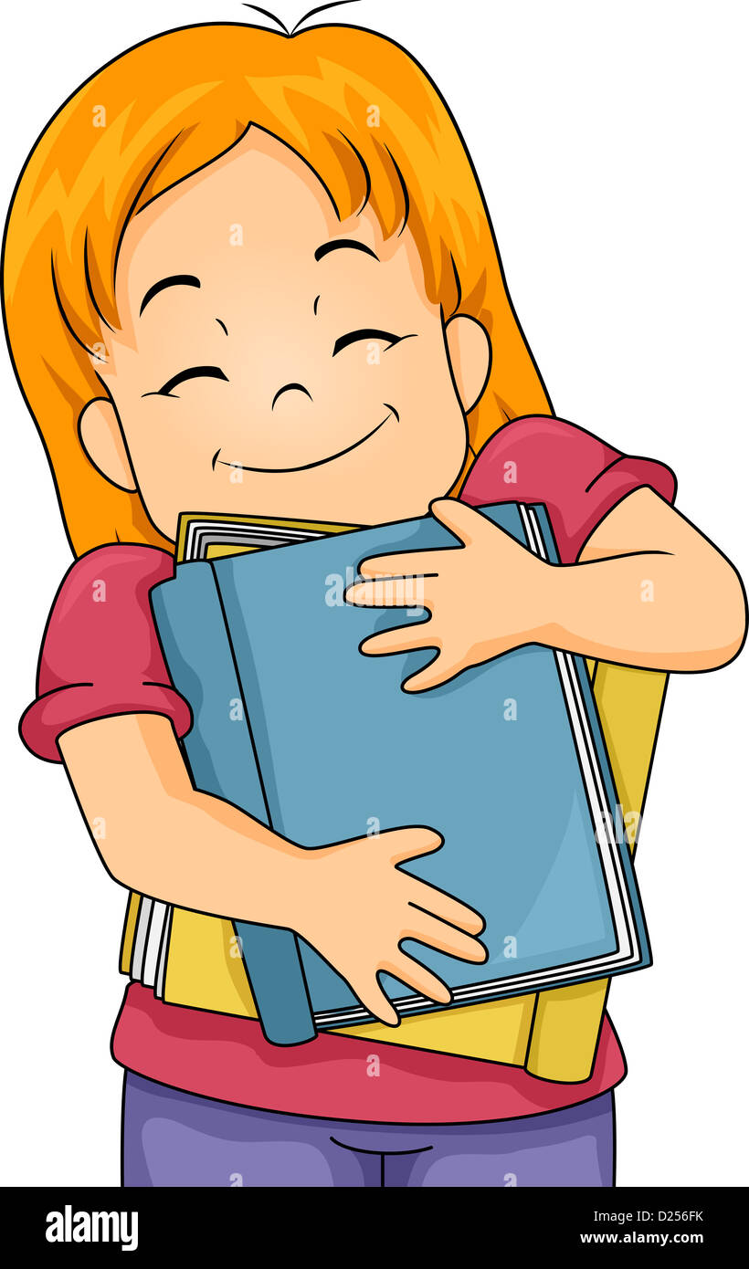 Illustrazione di una ragazza che abbraccia i libri Foto Stock