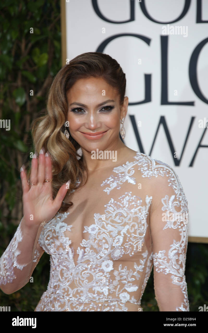 Attrice / cantante Jennifer Lopez arriva al settantesimo Annuale di Golden Globe Awards presentato dalla Hollywood Foreign Press Association, HFPA, presso l'Hotel Beverly Hilton di Beverly Hills, Stati Uniti d'America, il 13 gennaio 2013. Foto: Hubert Boesl Foto Stock