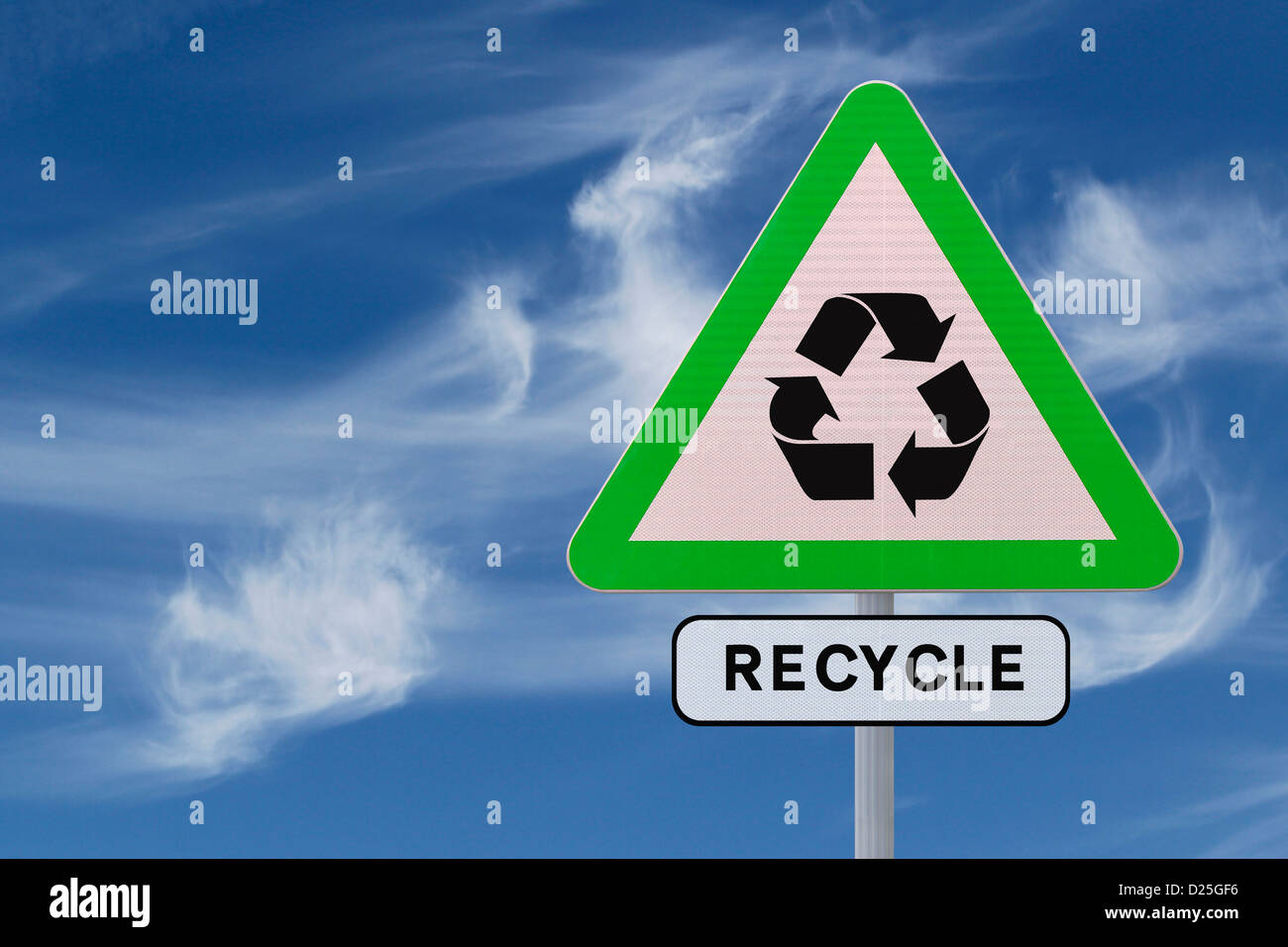 Un cartello stradale promuovendo il riciclaggio e la consapevolezza ambientale Foto Stock