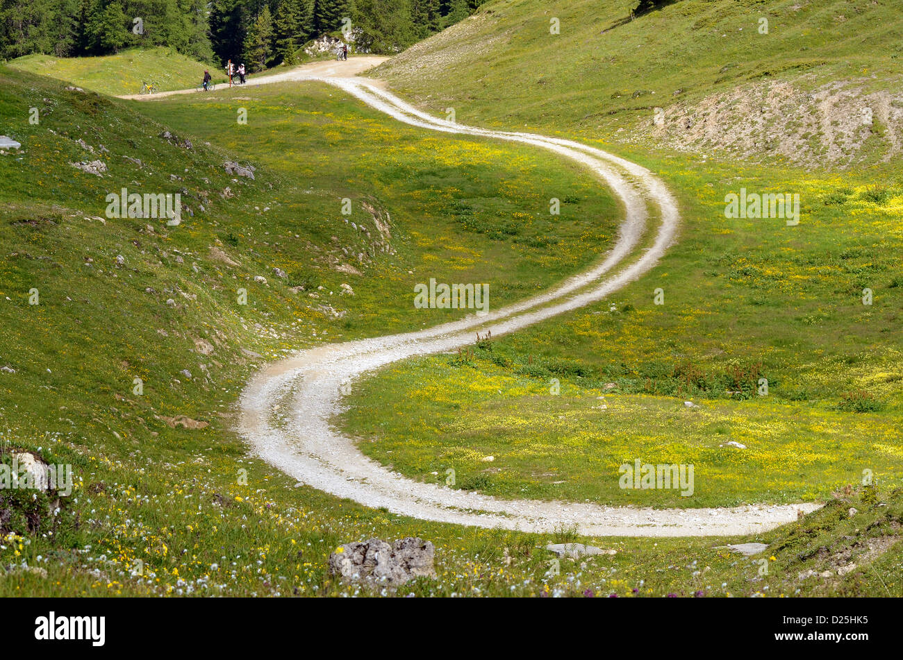 Percorso nelle montagne di La Plagne nelle Alpi francesi, comune nella Valle Tarentaise, dipartimento della Savoia e Rhône-Alpes Foto Stock