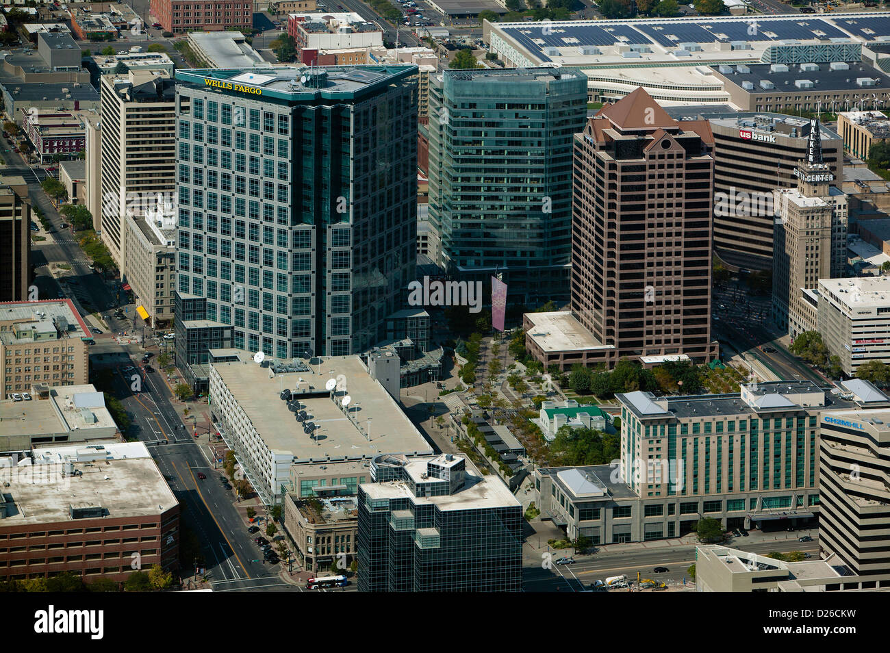 Fotografia aerea del centro cittadino di torri di uffici, Salt Lake City, Utah Foto Stock