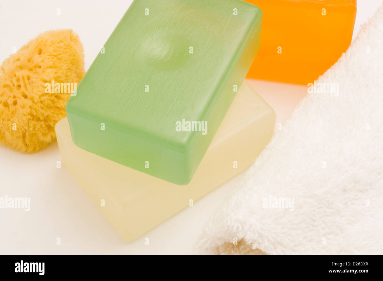 Barre di sapone e spugna towell Foto Stock