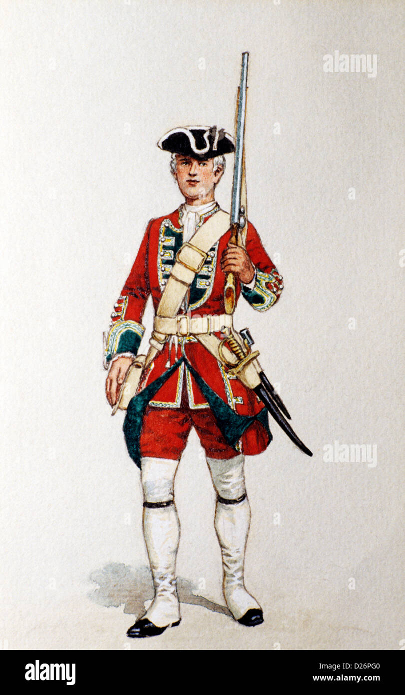 Militare Britannica, stampa Redcoat, Green Howards Museum, privato 1742, XVIII secolo soldati soldato uniformi uniforme, Richmond Foto Stock