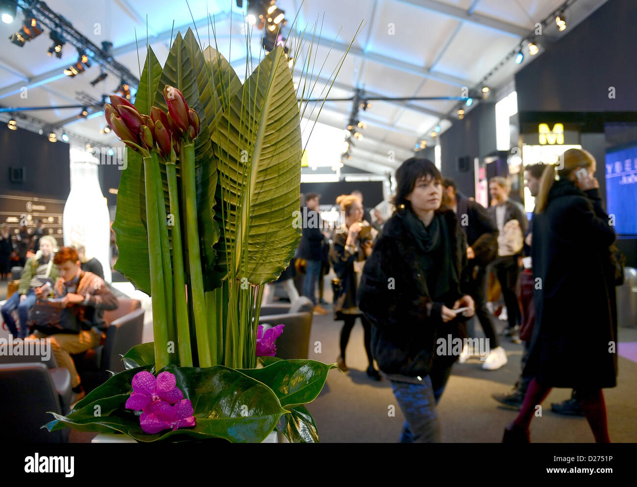 Gli ospiti passano attraverso la Mercedes-Benz Fashion Week tenda a Berlino, Germania, 15 gennaio 2013. Le presentazioni dell'autunno/inverno 2013/2014 collezioni si svolgerà dal 15 al 18 gennaio 2013. Foto: Britta Pedersen/dpa +++(c) dpa - Bildfunk+++ Foto Stock