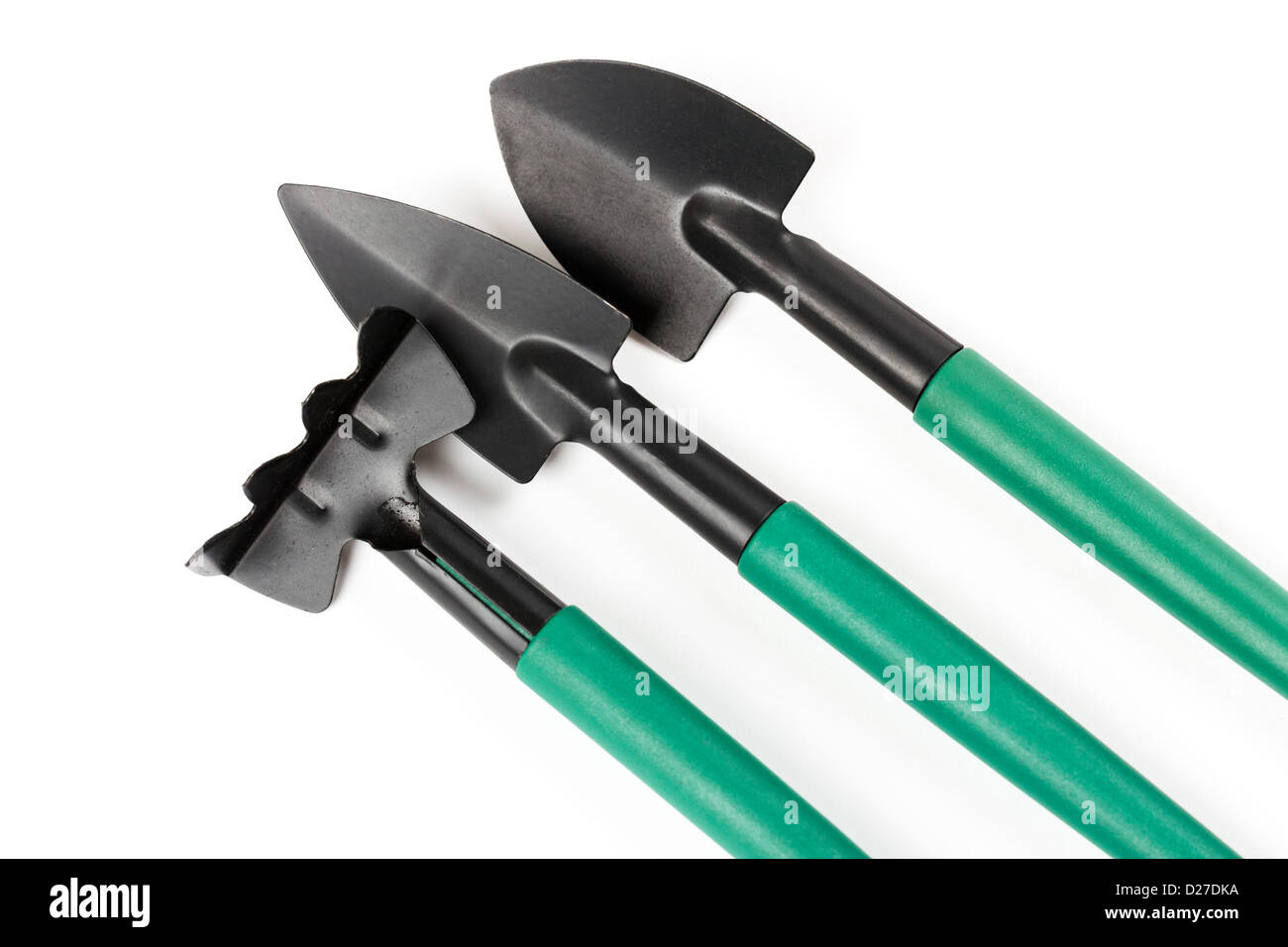 Utensili da giardinaggio su sfondo bianco Foto Stock