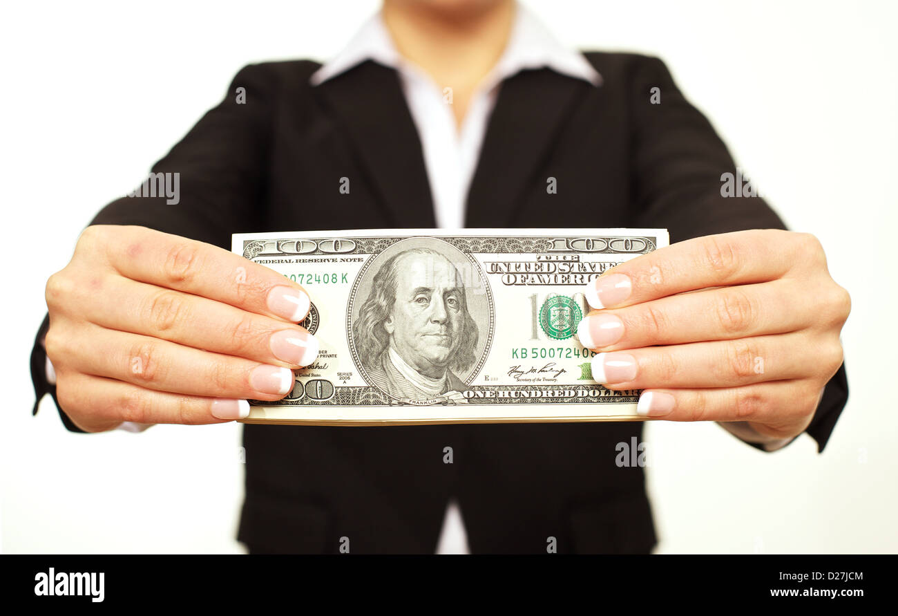 un uomo d'affari con una banconota da cento dollari Foto Stock