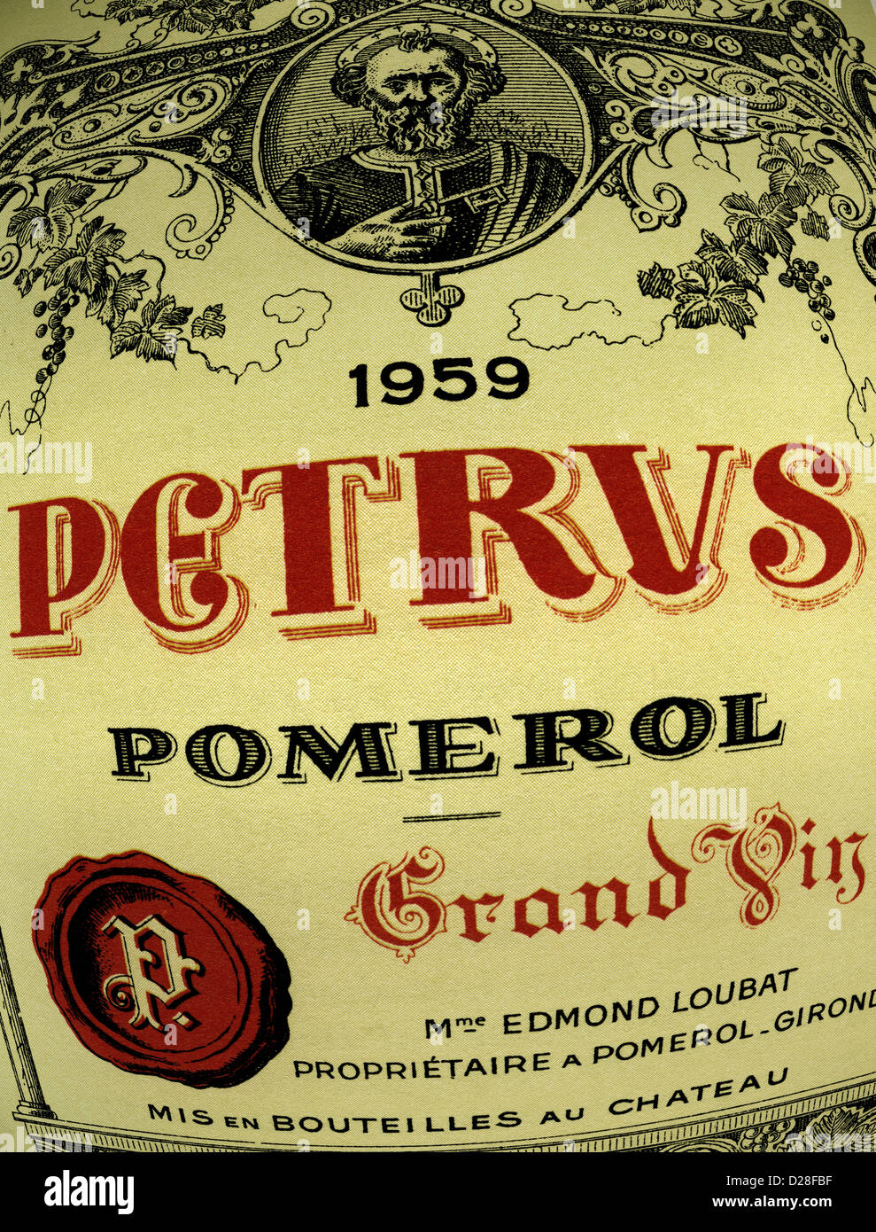 Etichetta della bottiglia DI PETRUS dell'anno 1959 Chateau Petrus Pomerol Grand Vin vino rosso Bordeaux Francia Foto Stock