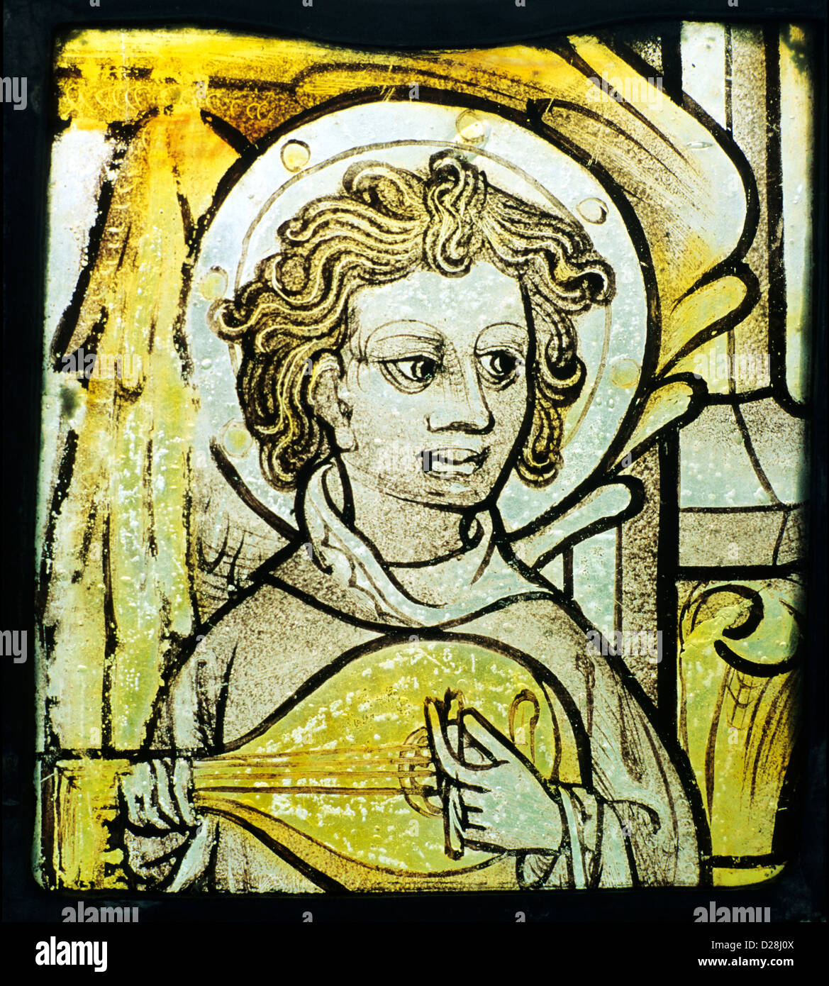 Warham Santa Maria, Norfolk, xv secolo Angelo medievale musicista vetrata, musicisti, angeli, musica, citern, liuto Foto Stock