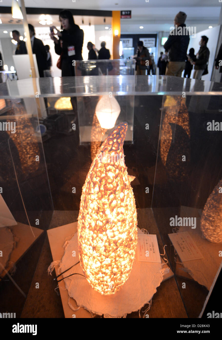 Gennaio 16, 2013, Tokyo, Giappone - un diodo emettitore di luce Luce stand dotato di riso giapponese è di carta sul display durante l'illuminazione Giappone 2013 che si terrà a Tokyo il Mercoledì, 16 gennaio 2013. Interni e stranieri ai fabbricanti di dispositivi di illuminazione e di attrezzature ha montrato le loro ultime attrezzature e materiali nei tre giorni di mostra. (Foto di Natsuki Sakai/AFLO) Foto Stock