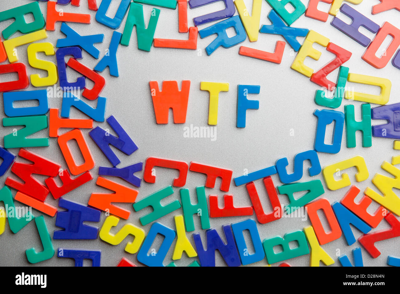 "WTF" - magneti da frigorifero Scrivi messaggi al di fuori di un'accozzaglia di lettere Foto Stock