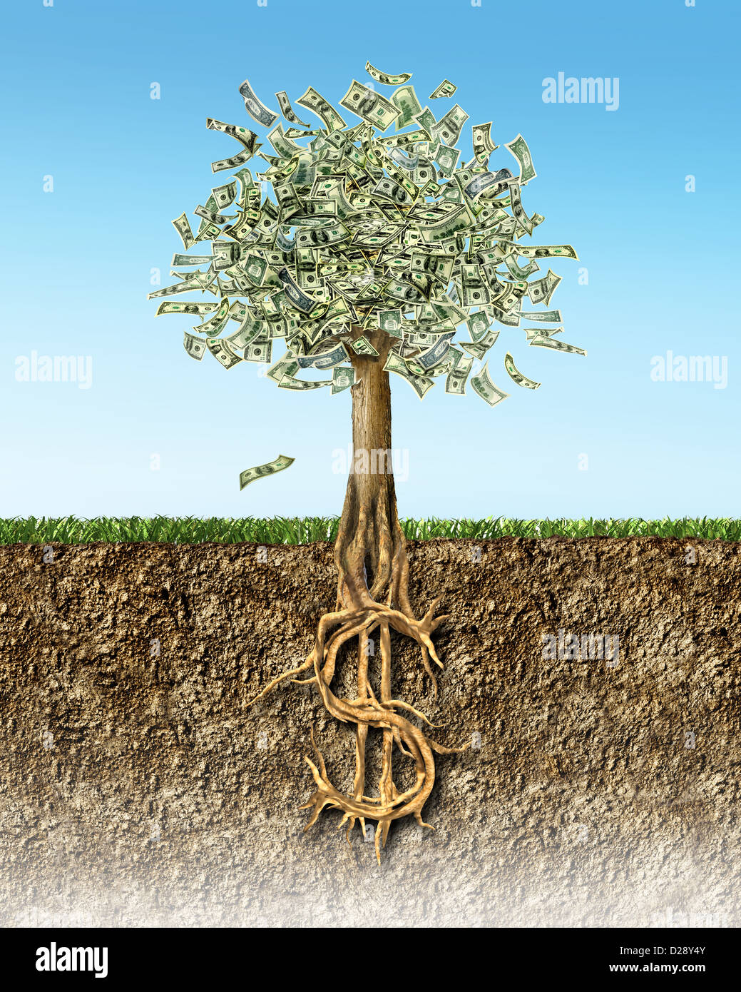 Money Tree in suolo sezione trasversale mostrante US dollar sign radici. Foto Stock