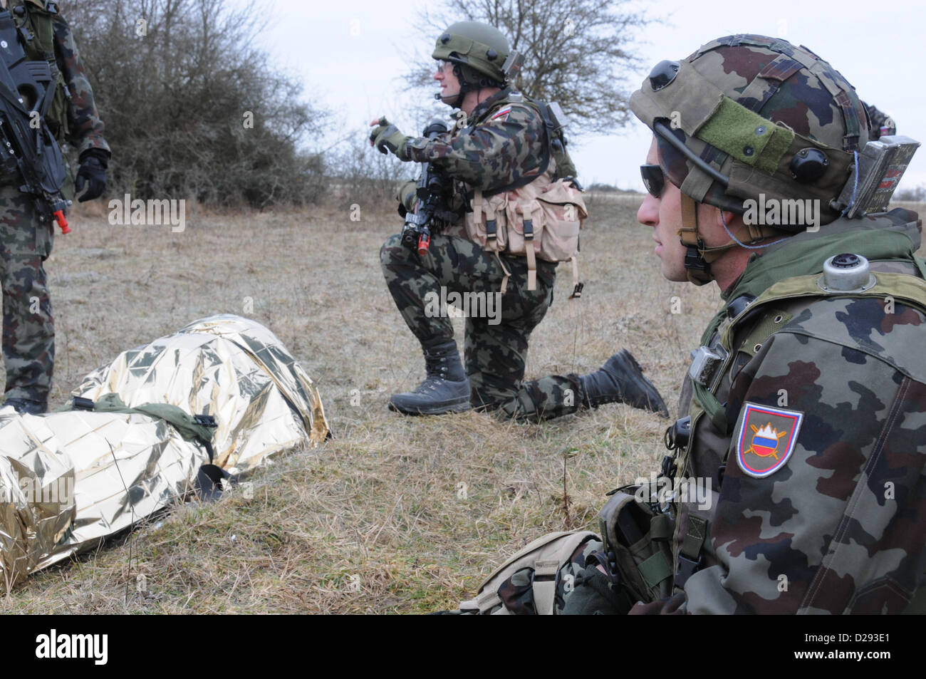 Hohenfels, Germania, 17 gennaio 2013. Un esercito sloveno soldato del 1° Brigata motorizzata tira la sicurezza accanto a un Humvee durante un militare di advisory team (MAT) esercizio presso la multinazionale comune disponibilità centro in Hohenfels, Germania, 17 Gennaio 2013tappetini e di polizia ai team di consulenza sono progettati per replicare l'Afghanistan ambiente operativo durante la preparazione di squadre per operazioni di counterinsurgency con la capacità di formare, consigliare e abilitare l'Afghanistan esercito nazionale e l'Afghanistan della polizia nazionale. (U.S. Esercito foto di Sgt. Gemma Iglesias/rilasciato) Foto Stock