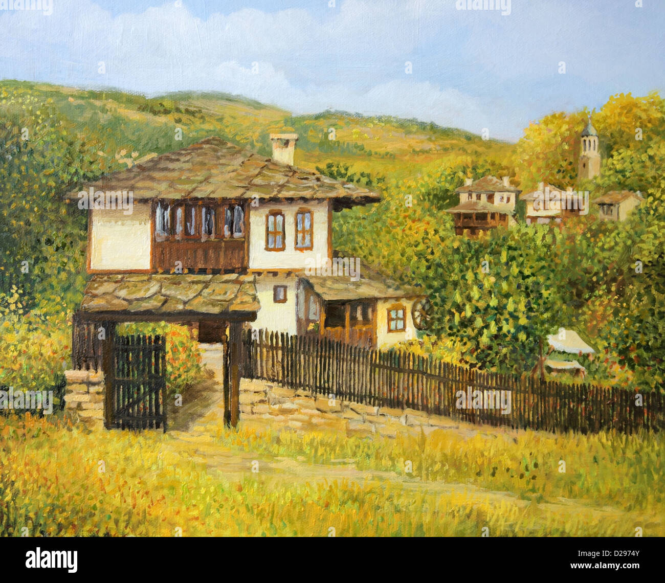 Un dipinto ad olio su tela di un rurale colorato paesaggio autunnale in villaggio Bojenci nelle montagne balcaniche con una vecchia casa. Foto Stock