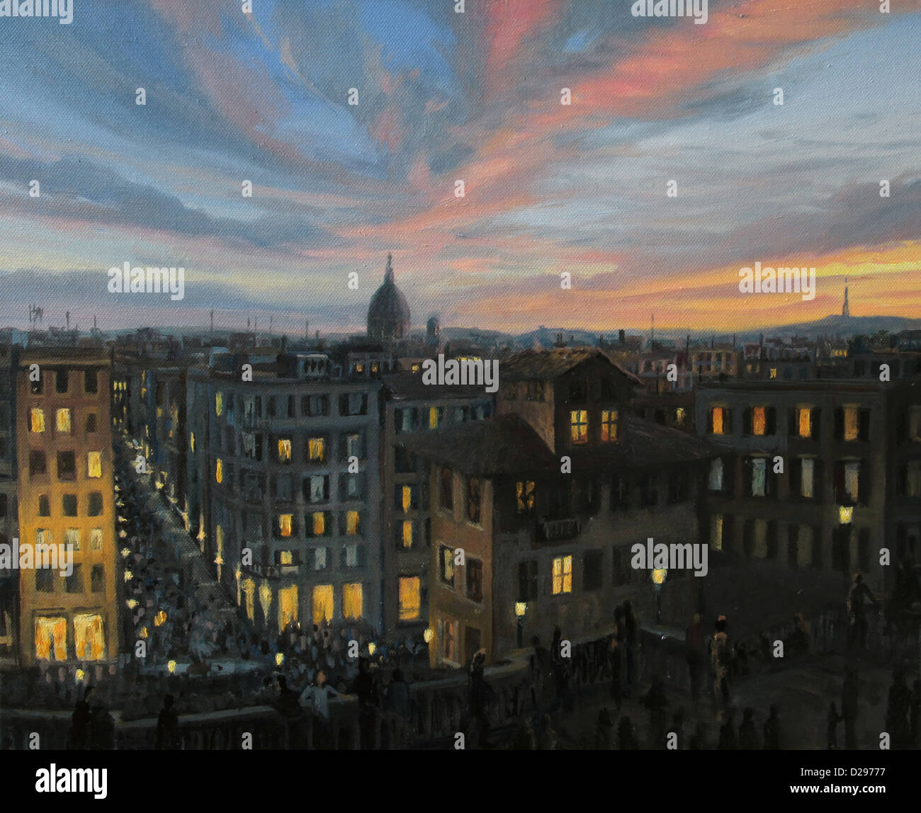 Un dipinto ad olio su tela di un colorato tramonto panoramico vista della capitale d'Italia, Roma dalla sommità della Scalinata di piazza di Spagna. Foto Stock