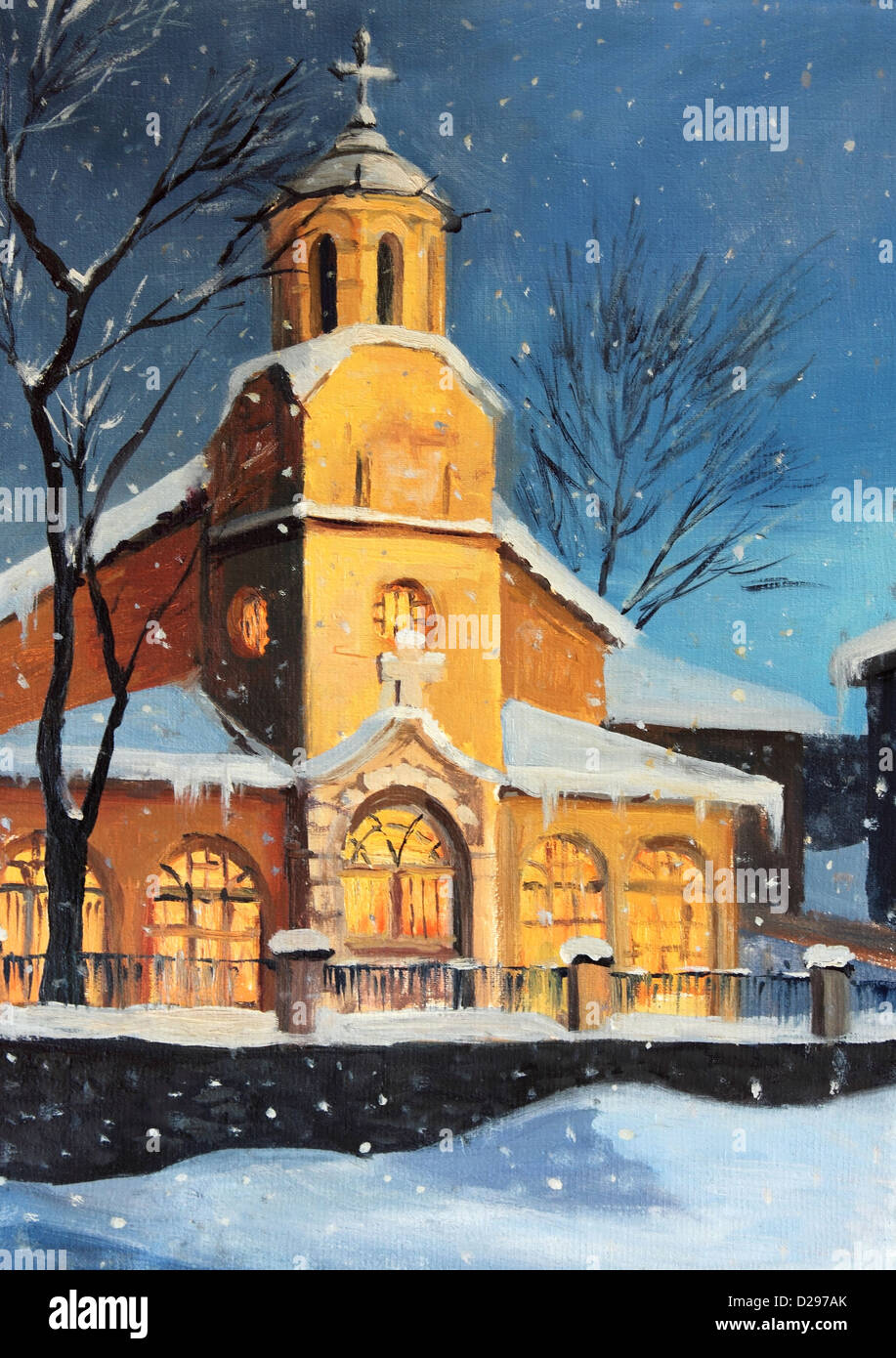 Un dipinto ad olio su tela di una notte di Natale magica scena con una piccola chiesa rurale di alta montagna. Foto Stock